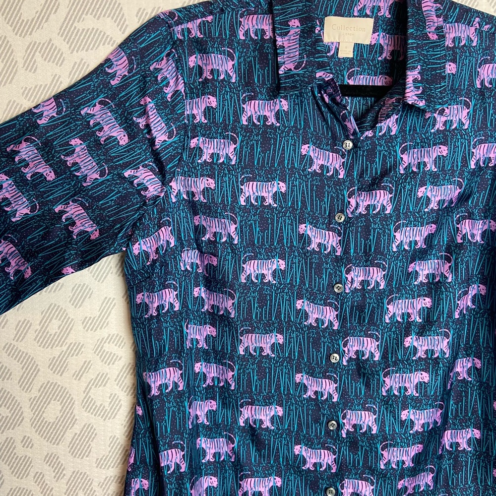 J. Crew Teal Button-Up Blouse with Pink Tiger Print - Picture 3 of 11